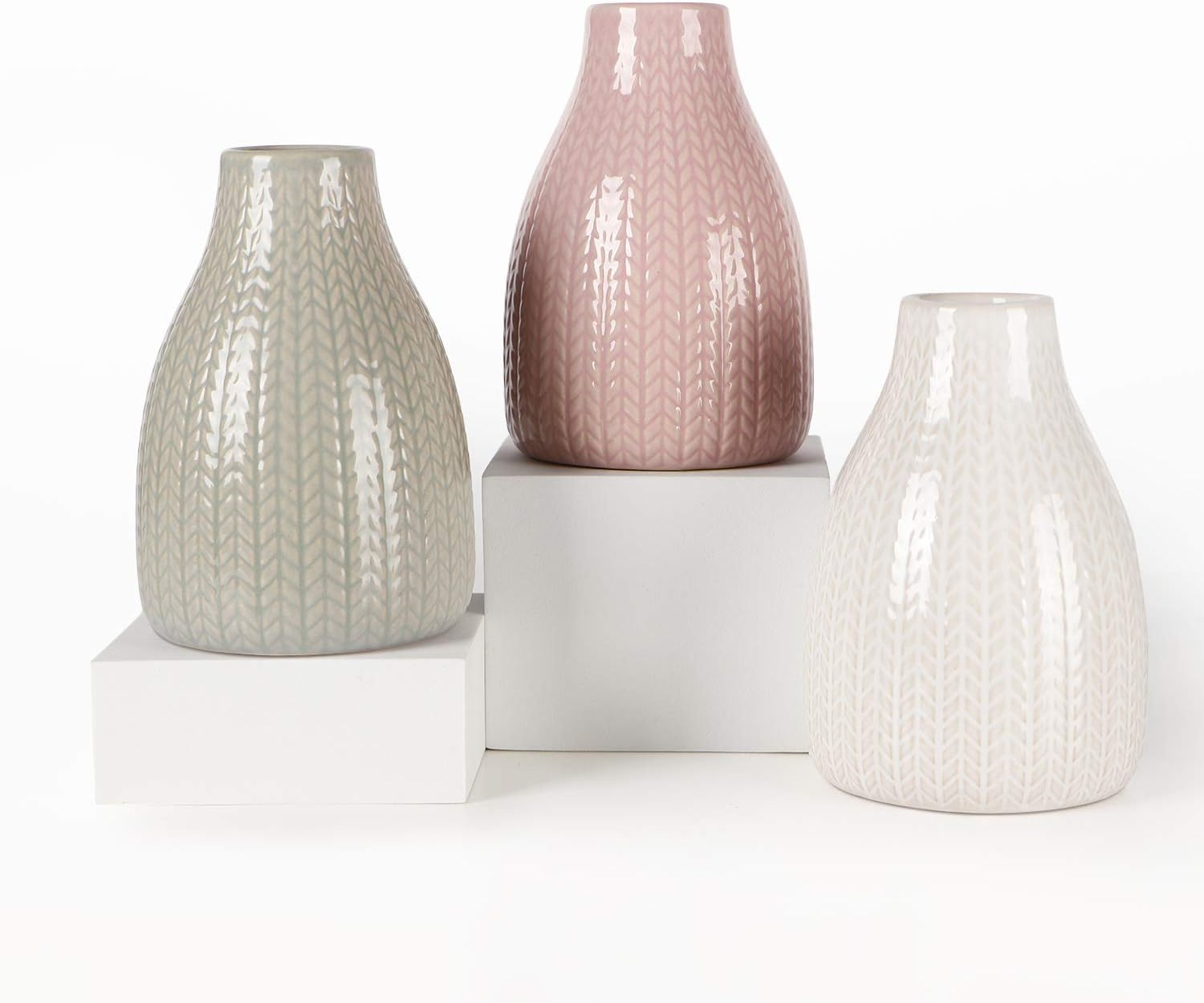 61L2ieNqUjL._AC_SL1500_.jpg Vase Set of 3, Decorative Ceramic Vase, Flower Vase for Decor Home Living Room Office Parties Wedding, 3.7" Wide 5.5" Tall (White, Light Green, Pink) - Image 1