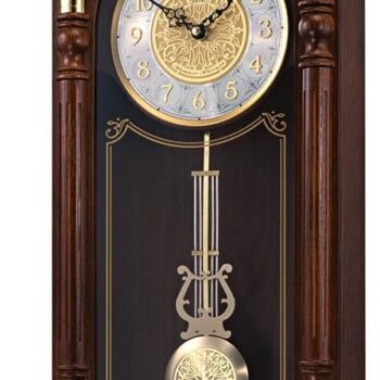 Stately Dark Brown Solid Oak Case Wall Clock with Pendulum and Chime