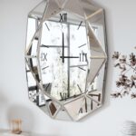 Mirrored Wall Clock Decorative: Large Oval Diamond Shape Silver Vanity with Silver Glass Mirror Beveled Frame Edge 40x28 inch Modern Home Art Deco for Living Room Dining Room