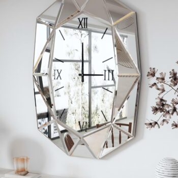 Mirrored Wall Clock Decorative: Large Oval Diamond Shape Silver Vanity with Silver Glass Mirror Beveled Frame Edge 40x28 inch Modern Home Art Deco for Living Room Dining Room