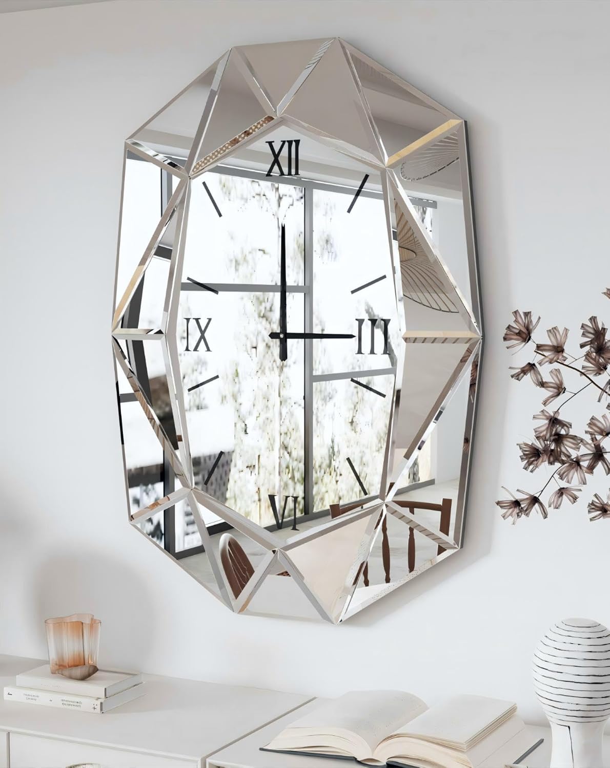 71Z4hZ9GOJL._AC_SL1500_.jpg Mirrored Wall Clock Decorative: Large Oval Diamond Shape Silver Vanity with Silver Glass Mirror Beveled Frame Edge 40x28 inch Modern Home Art Deco for Living Room Dining Room - Image 1