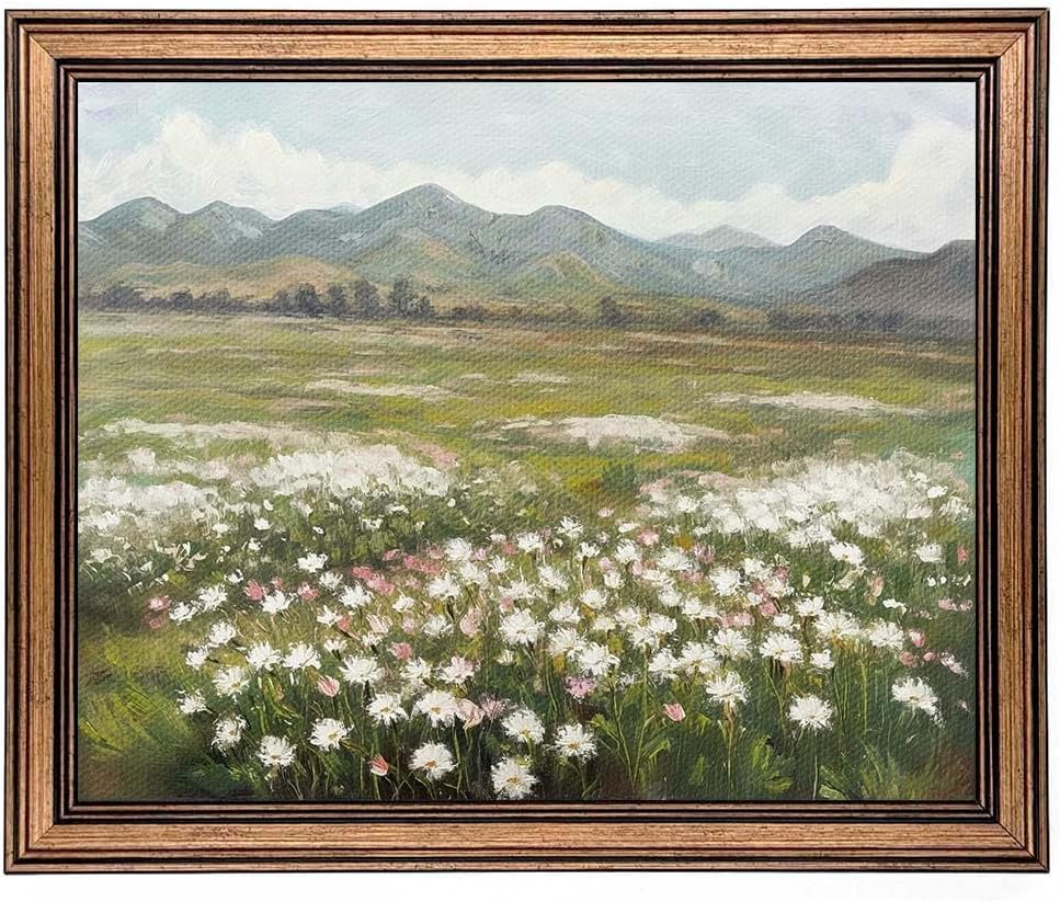 71enJ6hoTyL._AC_SL1000_.jpg Gold Framed Wall Art Vintage Landscape Wildflowers Mountain Painting Canvas Print for Bedroom Living Room Wall Decor (wildflowers, 20L" x 16W") - Image 1