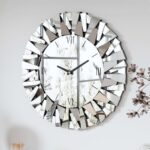 Decorative Mirror Wall Clock: 32 inch Large Mirrored Round Clock with Silver Glass Beveled Frame Edge Luxury Art Deco Home Furnishing for Livingroom Dining Room Bedroom