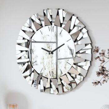 Decorative Mirror Wall Clock: 32 inch Large Mirrored Round Clock with Silver Glass Beveled Frame Edge Luxury Art Deco Home Furnishing for Livingroom Dining Room Bedroom