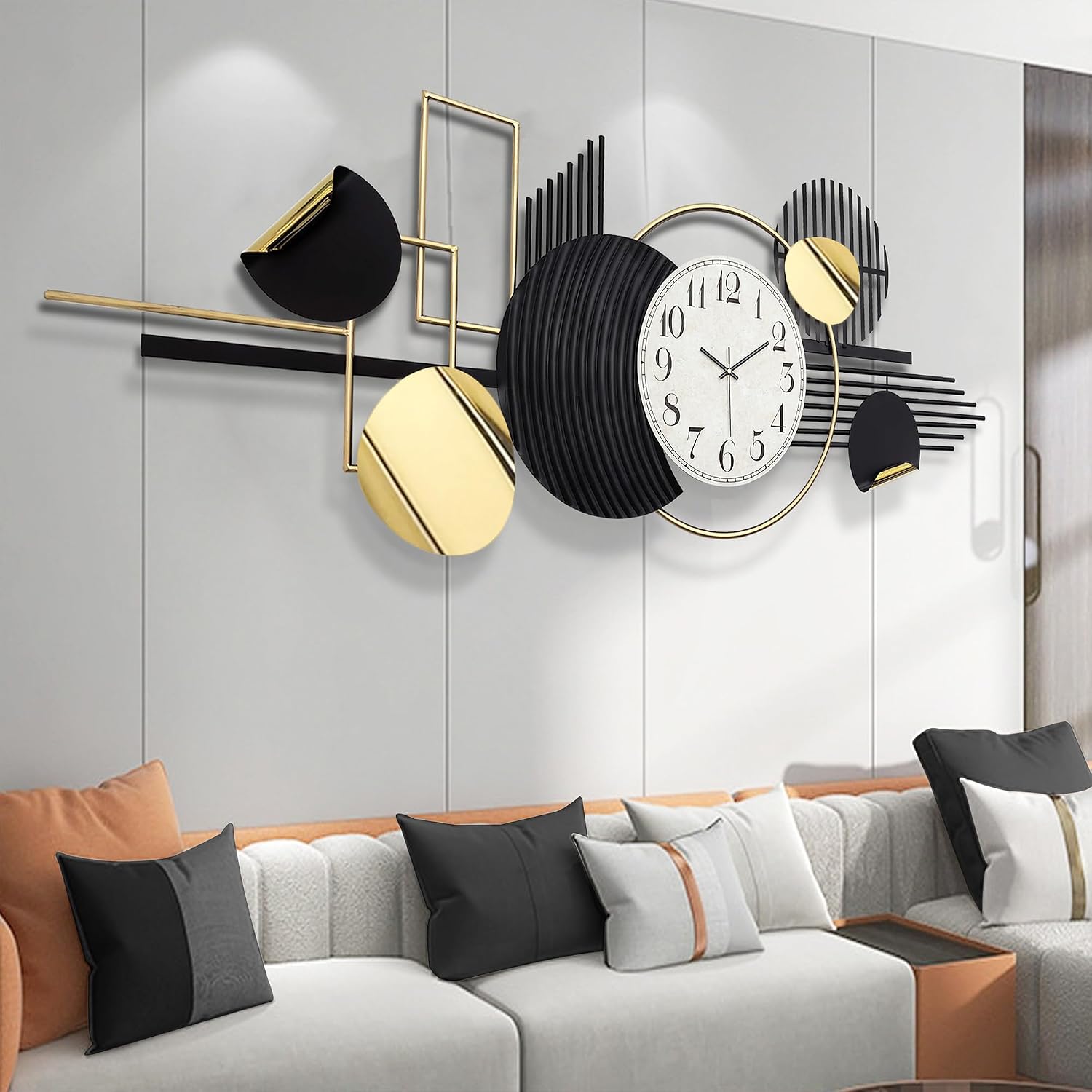 71vDs0yHtzL._AC_SL1500_.jpg Metal Wall Art, Black and White Decor for Living Room, Abstract Modern Creative Geometric Round 3D Clock 56" 24" Large for Bedroom, Dining Room, Home Hanging Sculpture - Image 1