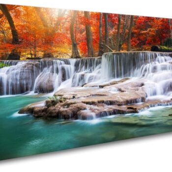 Wall Art Canvas Painting Red Forest Waterfalls 1 Piece Modern Landscape Tree Picture Poster Print Framed and Stretched Ready to Hang for Living Room Bedroom Kitchen Office Home Decor