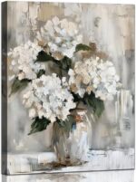 White Hydrangea Bathroom Wall Art Canvas Print 12x15 Inches Retro Farmhouse Style Floral Artwork for Bedroom Living Room Office Decor