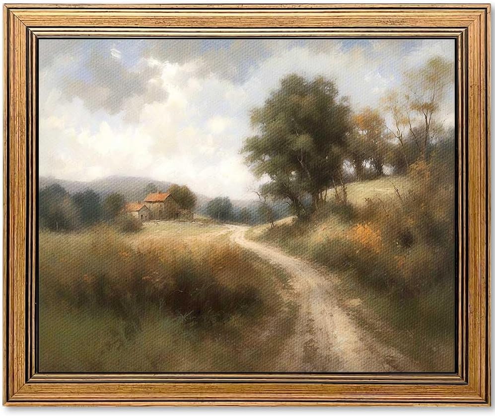 71ylikgWUL._AC_SL1000_.jpg Framed Vintage Wall Art Classical Oil Painting Country Road Canvas Print Kitchen Living Room Farmhouse Wall Decor (Rural Trail, 10L x 8W) - Image 1