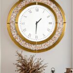 Crushed Diamond Wall Clock: 32 inch Round Decorative Mirrored Clock with Brown Glass Beveled Mirror Edge Frame and Bling Diamonds, Art Deco Home Modern Decoration for Livingroom