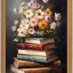 Framed Vintage Floral Wall Art - 3D Textured Flowers Books Sandstone Hand Drawn Art Oil Painting - Minimalist Botanical Wall Decor for Bedroom Living Room Office Decor 12X16in