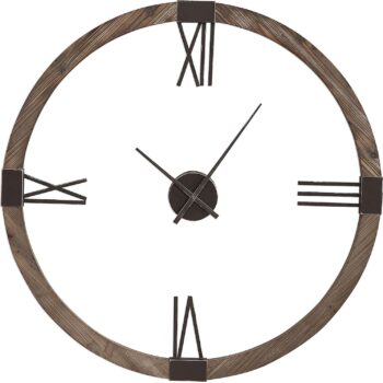 Retro Modern Wood Iron Round Wall Clock | Open Floating Center Mid Century | l Stained Fir and Iron