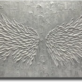 Wall Art with Canvas Hand Painted Wings, Grey and White Heavy Texture Oil Painting Wall Decor, Modern Painting Artwork for Wall for Living Room Bedroom Office Home Decor(48" Wx24 L)