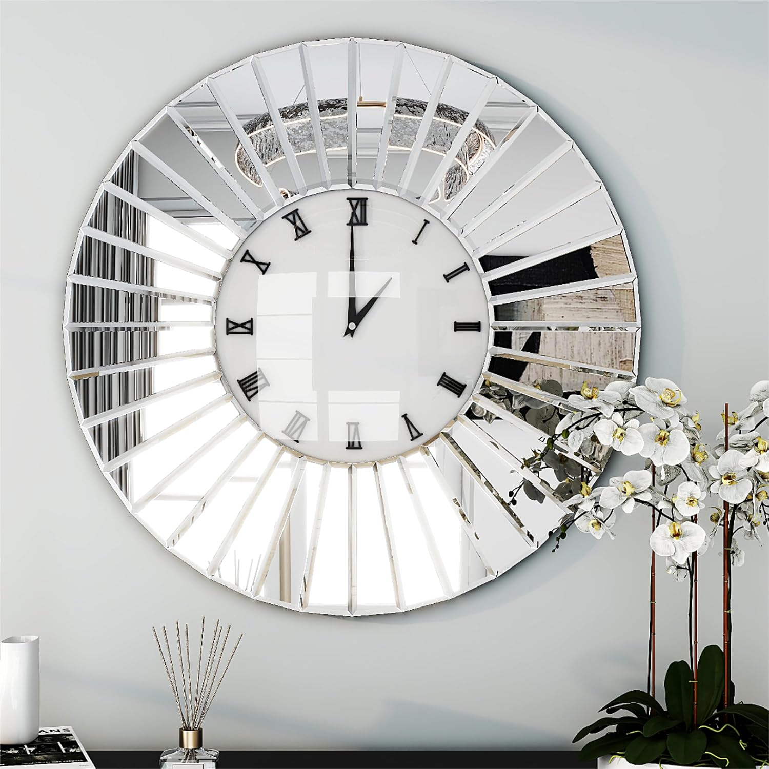 81LwpX62EeL._AC_SL1500_.jpg 32" Mirrored Wall Clocks, Oversize Decorative Clock, Large Modern Wall Clock, Big Clock Silver Wall Decor for Living Room/Home/Kitchen/Bedroom/Office/School Decor - Image 1