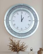 Crushed Diamond Wall Clock: 24 inch Round Decorative Mirrored Clock with Silver Glass Beveled Mirror Edge Frame and Bling Diamonds, Art Deco Home Modern Decoration for Livingroom