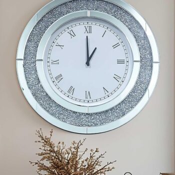 Crushed Diamond Wall Clock: 24 inch Round Decorative Mirrored Clock with Silver Glass Beveled Mirror Edge Frame and Bling Diamonds, Art Deco Home Modern Decoration for Livingroom