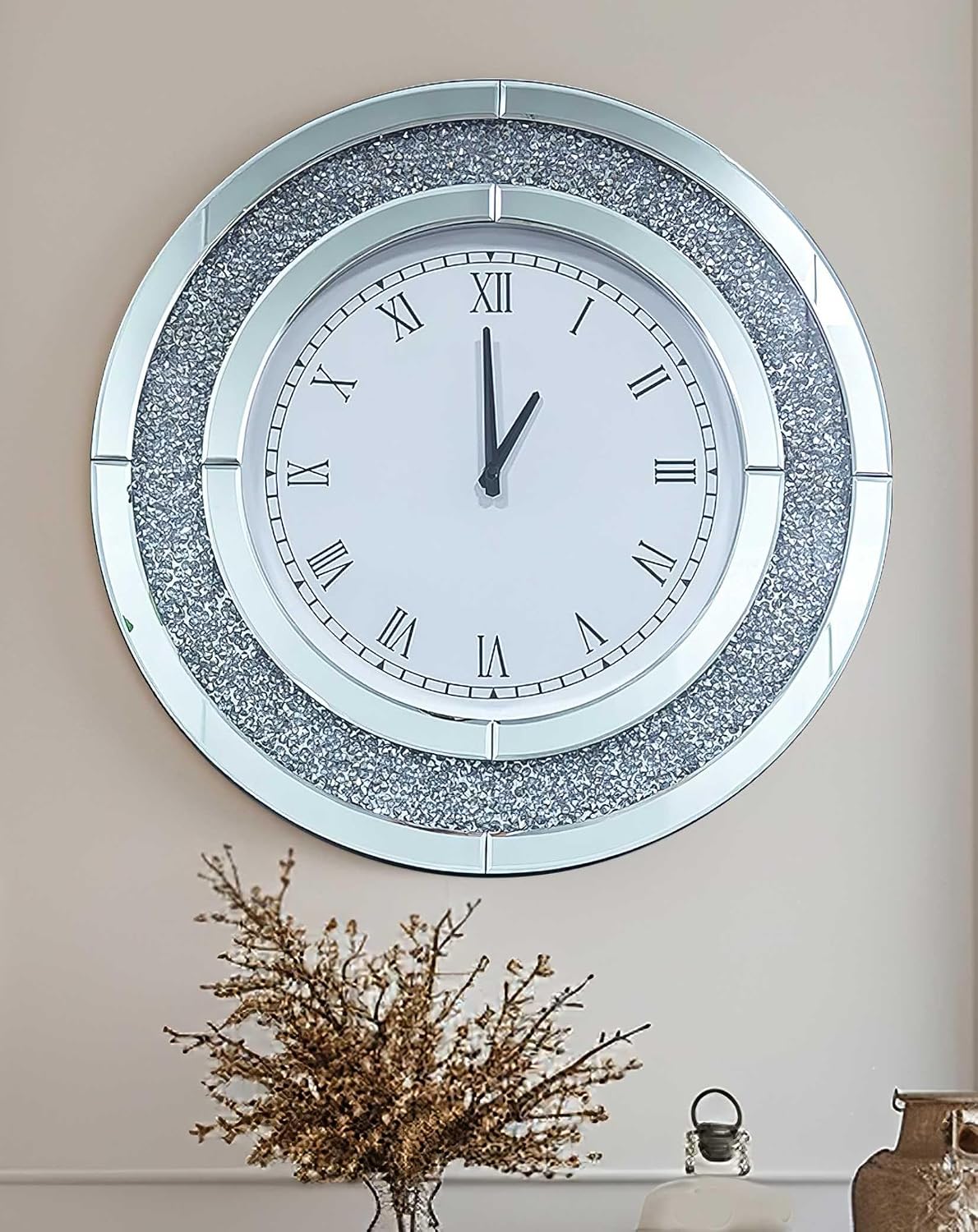 81NDd2nqcaL._AC_SL1500_.jpg Crushed Diamond Wall Clock: 24 inch Round Decorative Mirrored Clock with Silver Glass Beveled Mirror Edge Frame and Bling Diamonds, Art Deco Home Modern Decoration for Livingroom - Image 1